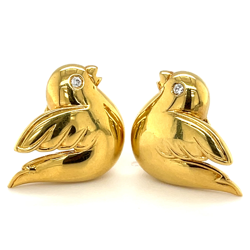 Van Cleef & Arpels 18k Yellow Gold Vintage Dove Ear Clips with Diamond Eyes