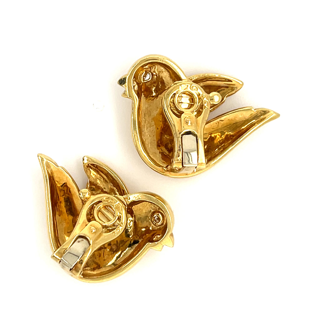 Van Cleef & Arpels 18k Yellow Gold Vintage Dove Ear Clips with Diamond Eyes
