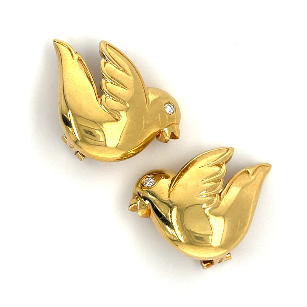 Van Cleef & Arpels 18k Yellow Gold Vintage Dove Ear Clips with Diamond Eyes