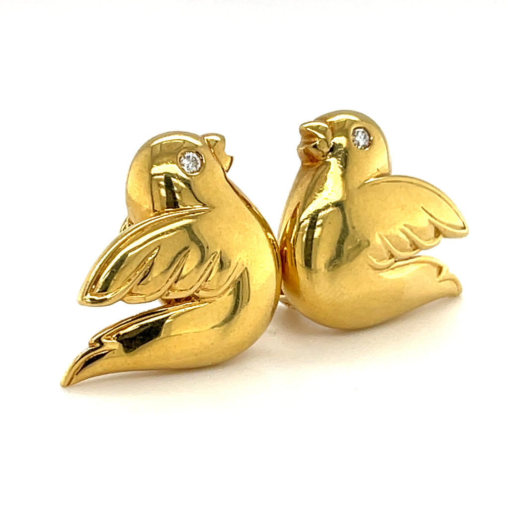 Van Cleef & Arpels 18k Yellow Gold Vintage Dove Ear Clips with Diamond Eyes