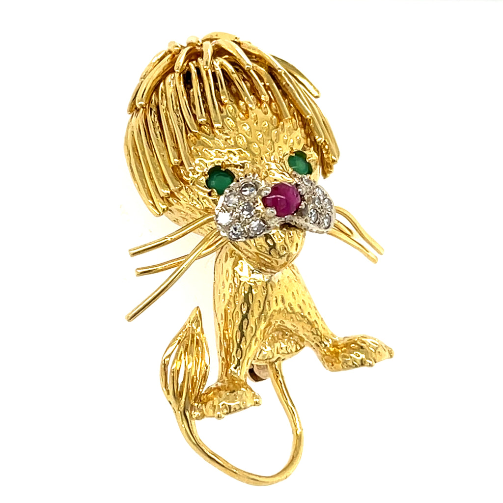 18k Yellow Gold Vintage Lion Brooch with Emerald, Ruby, and Diamond