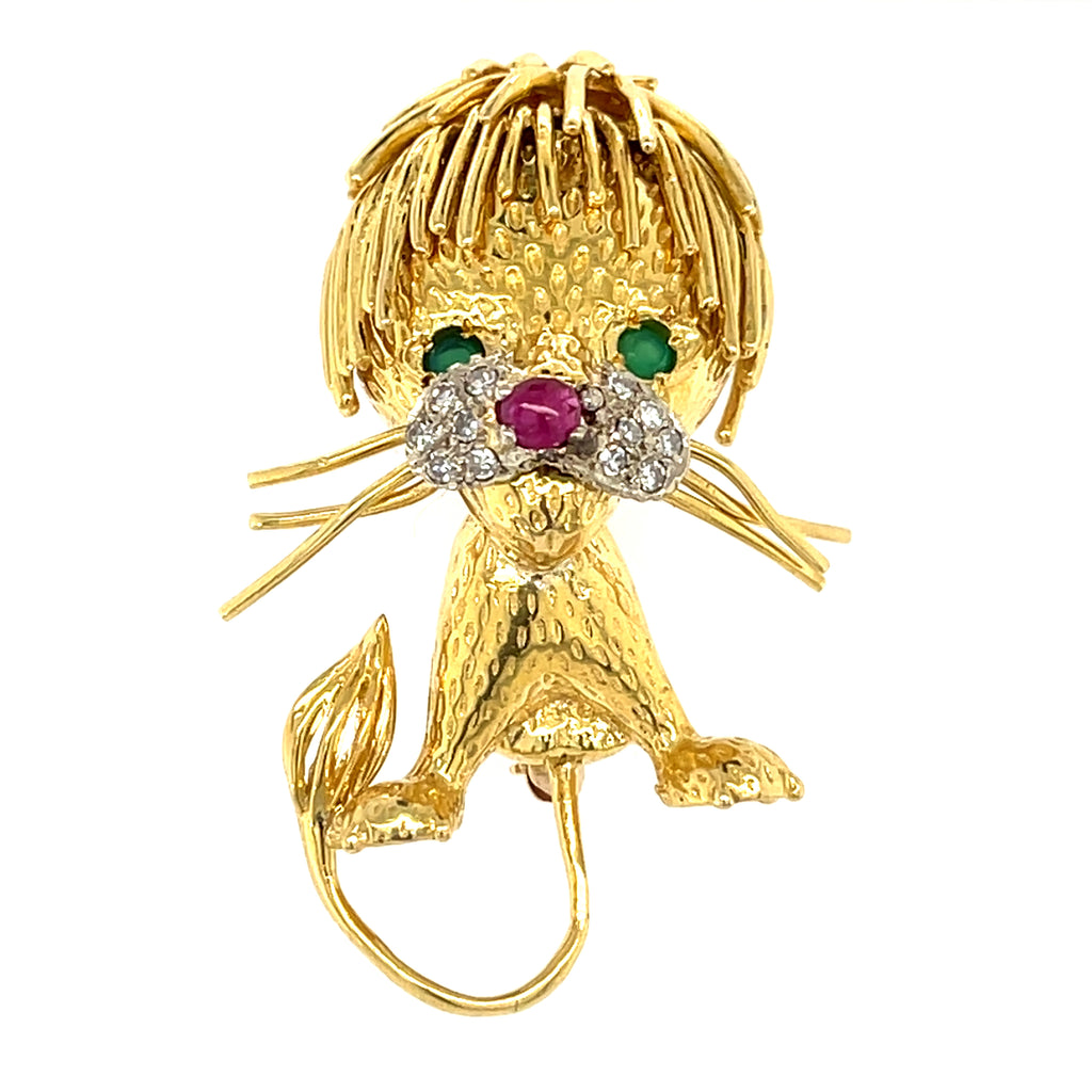 18k Yellow Gold Vintage Lion Brooch with Emerald, Ruby, and Diamond