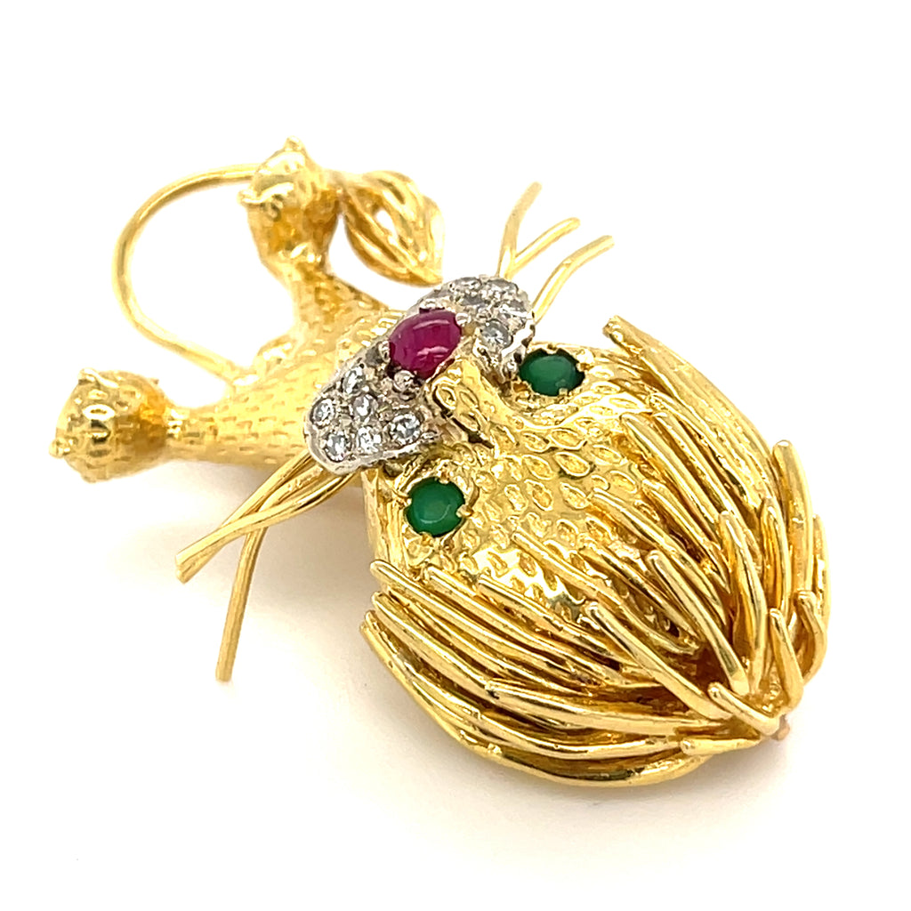 18k Yellow Gold Vintage Lion Brooch with Emerald, Ruby, and Diamond
