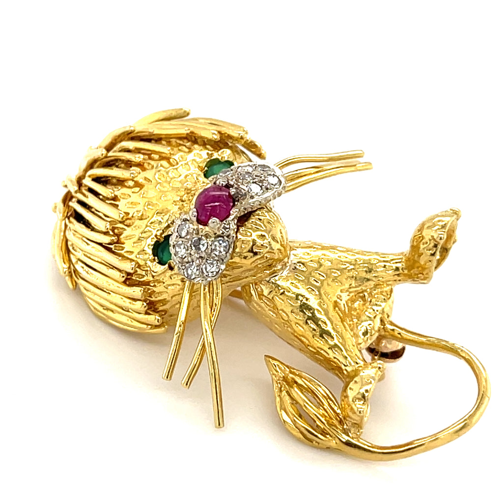 18k Yellow Gold Vintage Lion Brooch with Emerald, Ruby, and Diamond