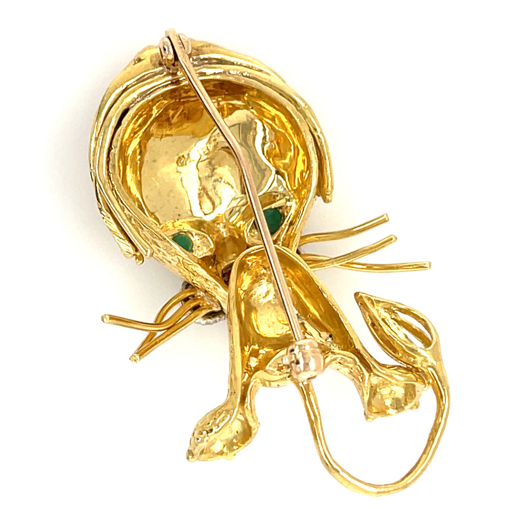 18k Yellow Gold Vintage Lion Brooch with Emerald, Ruby, and Diamond