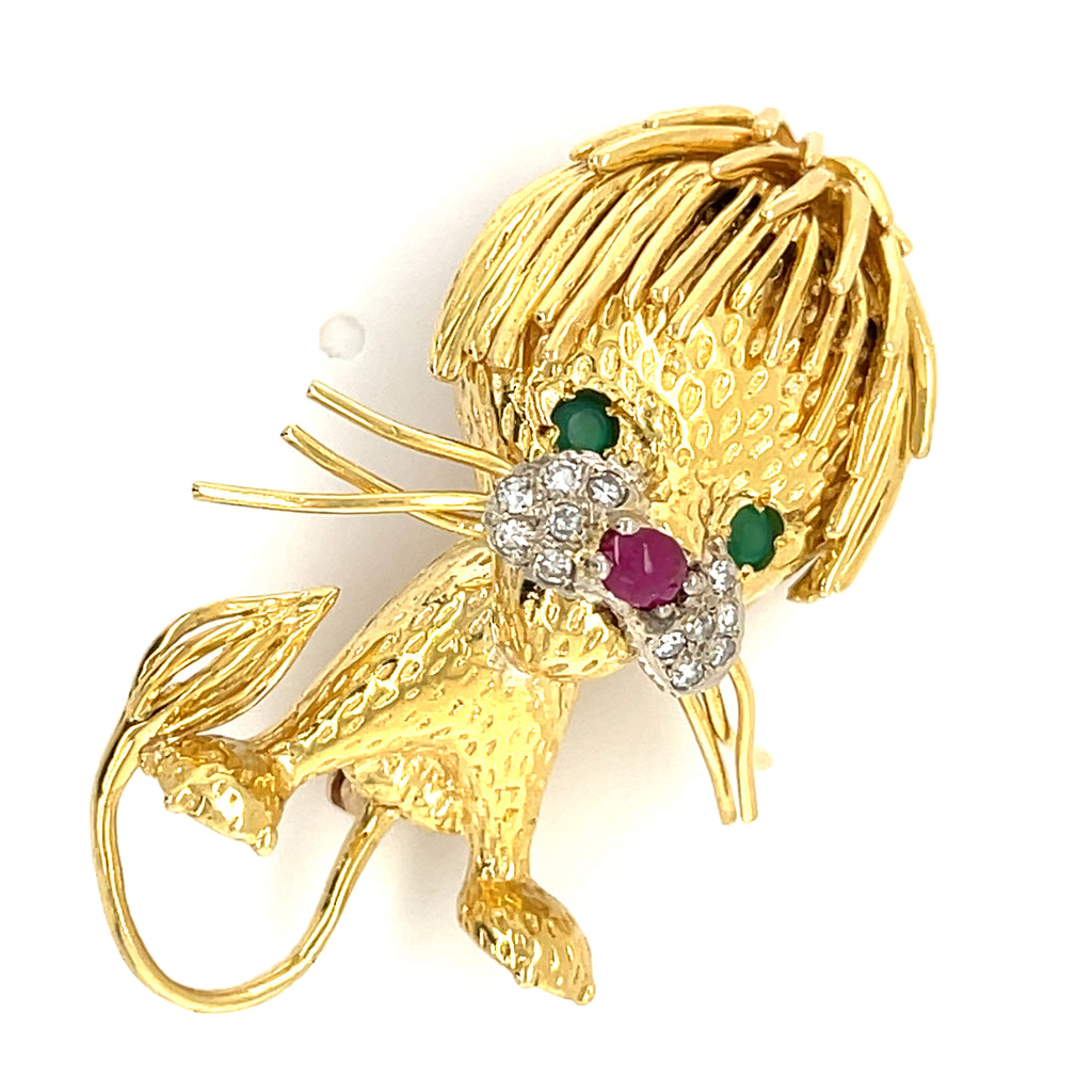 18k Yellow Gold Vintage Lion Brooch with Emerald, Ruby, and Diamond