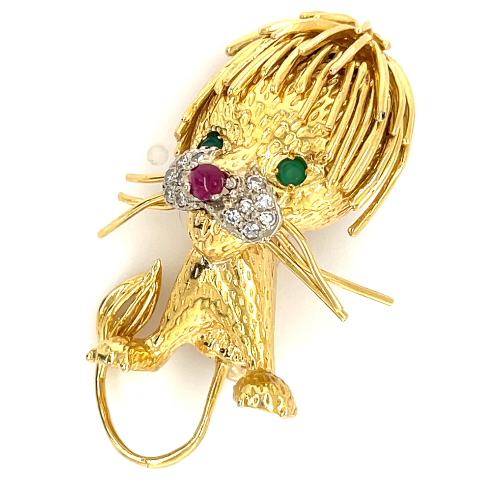 18k Yellow Gold Vintage Lion Brooch with Emerald, Ruby, and Diamond
