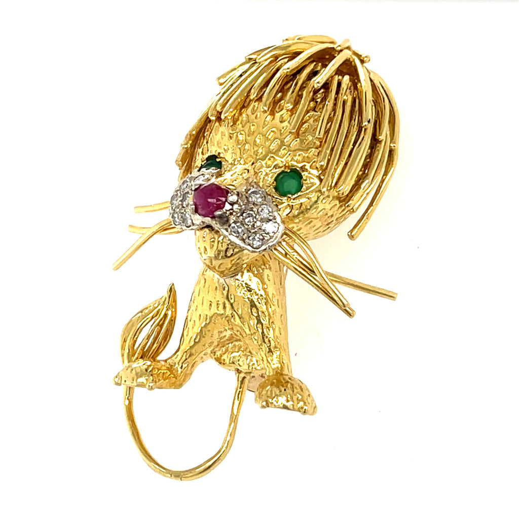 18k Yellow Gold Vintage Lion Brooch with Emerald, Ruby, and Diamond