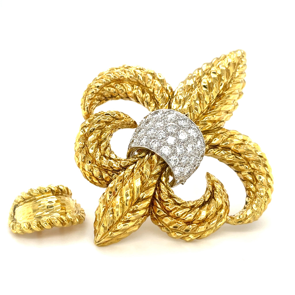David Webb 18k Yellow Gold and Platinum 1.60 ct Diamond Fleur de Lis Brooch