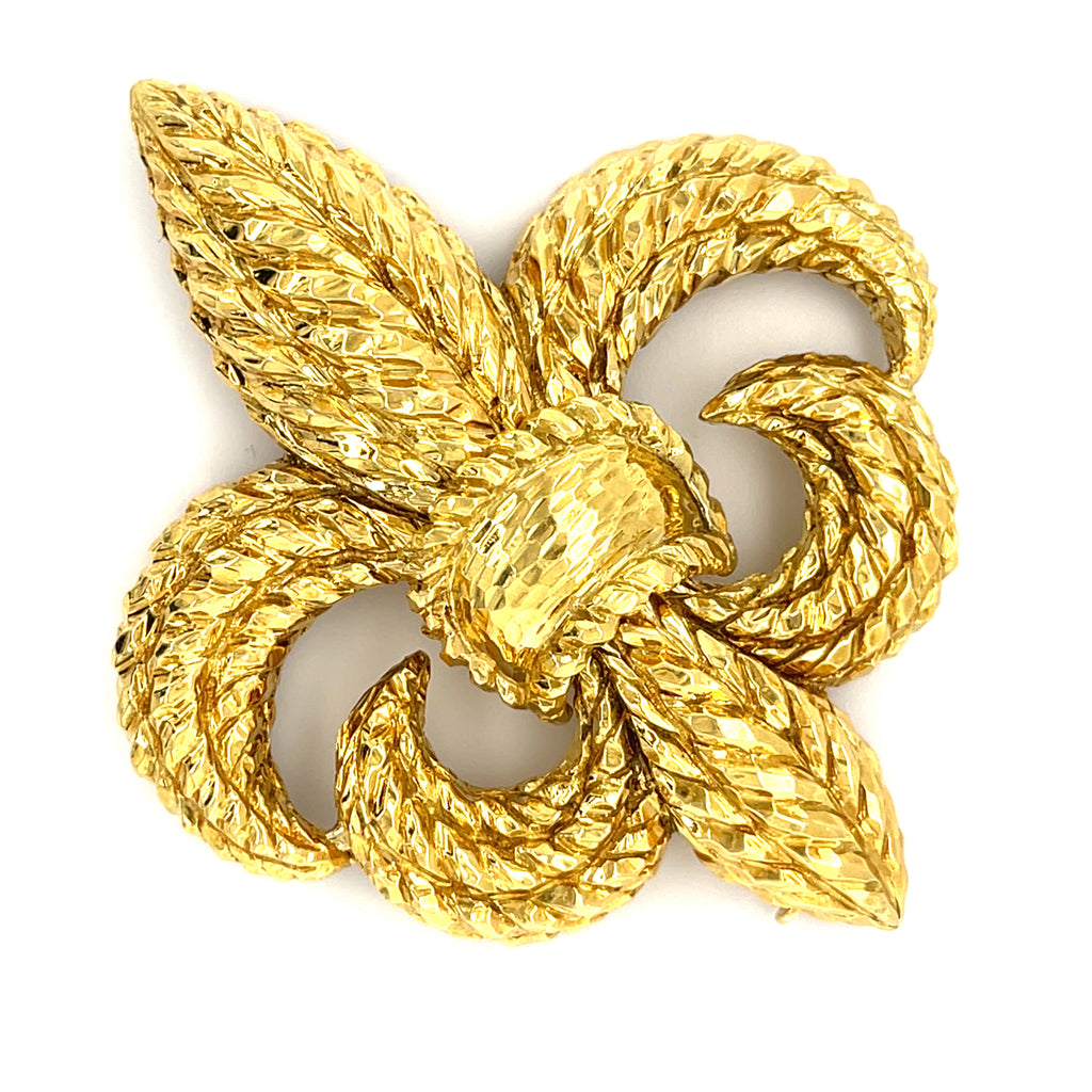 David Webb 18k Yellow Gold and Platinum 1.60 ct Diamond Fleur de Lis Brooch