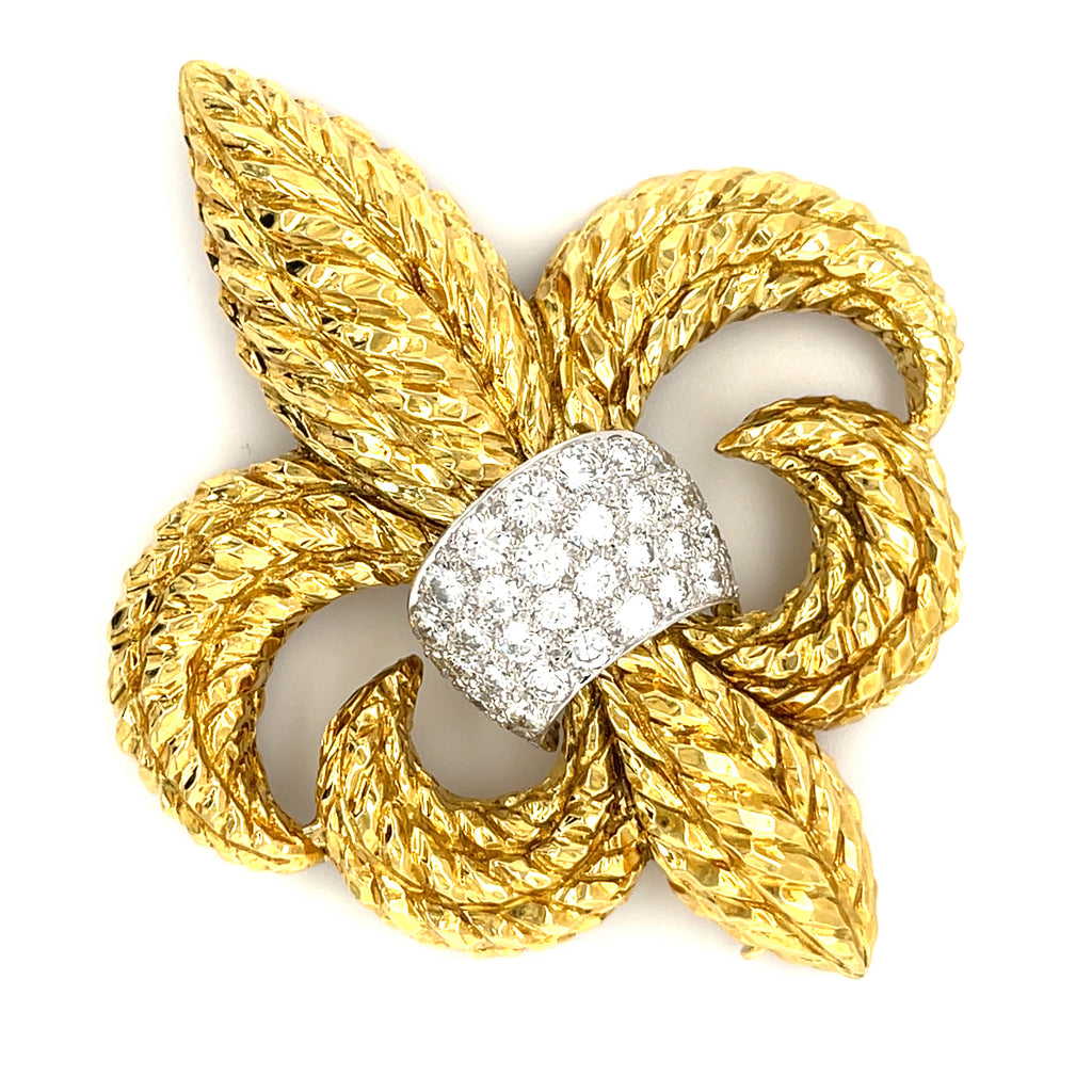 David Webb 18k Yellow Gold and Platinum 1.60 ct Diamond Fleur de Lis Brooch