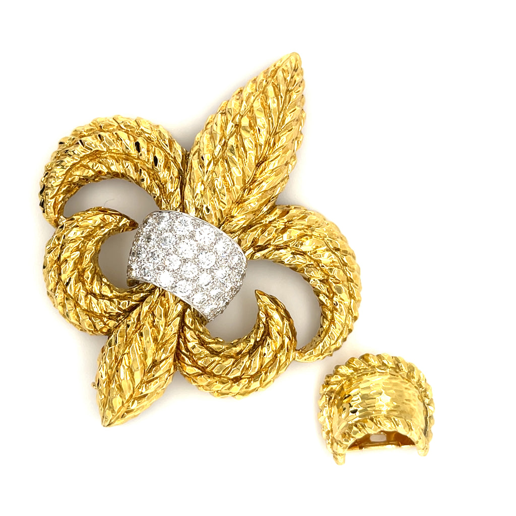 David Webb 18k Yellow Gold and Platinum 1.60 ct Diamond Fleur de Lis Brooch