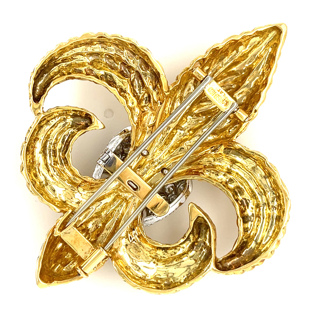 David Webb 18k Yellow Gold and Platinum 1.60 ct Diamond Fleur de Lis Brooch