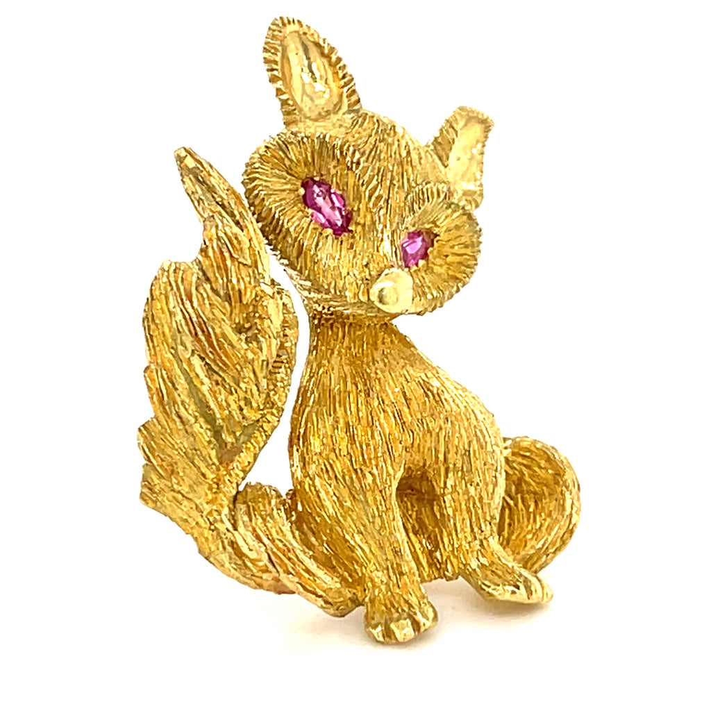 18k Yellow Gold George Lederman Fox Brooch with Ruby Eyes