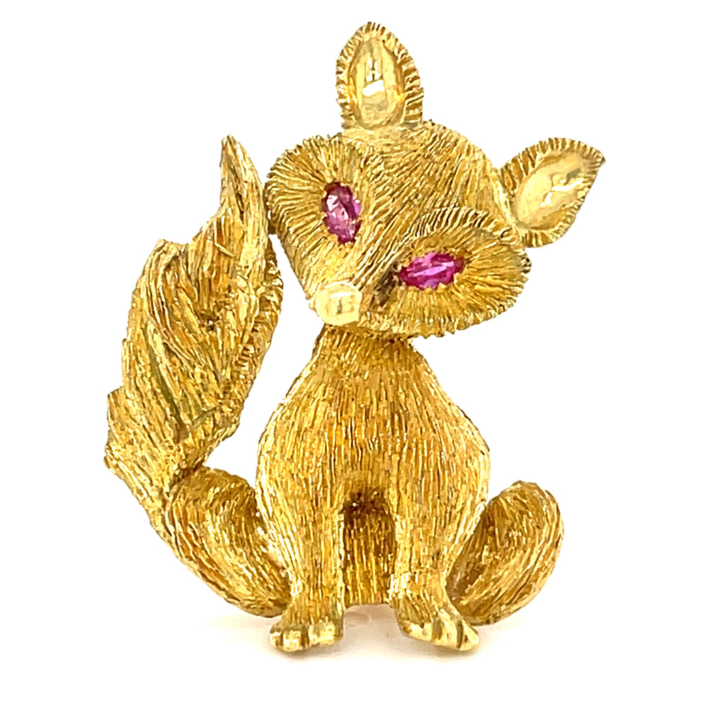 18k Yellow Gold George Lederman Fox Brooch with Ruby Eyes