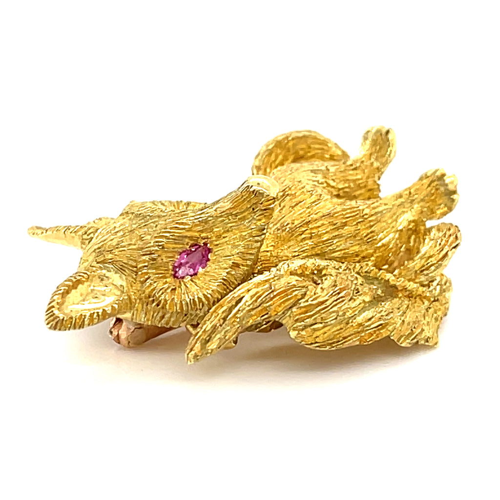 18k Yellow Gold George Lederman Fox Brooch with Ruby Eyes