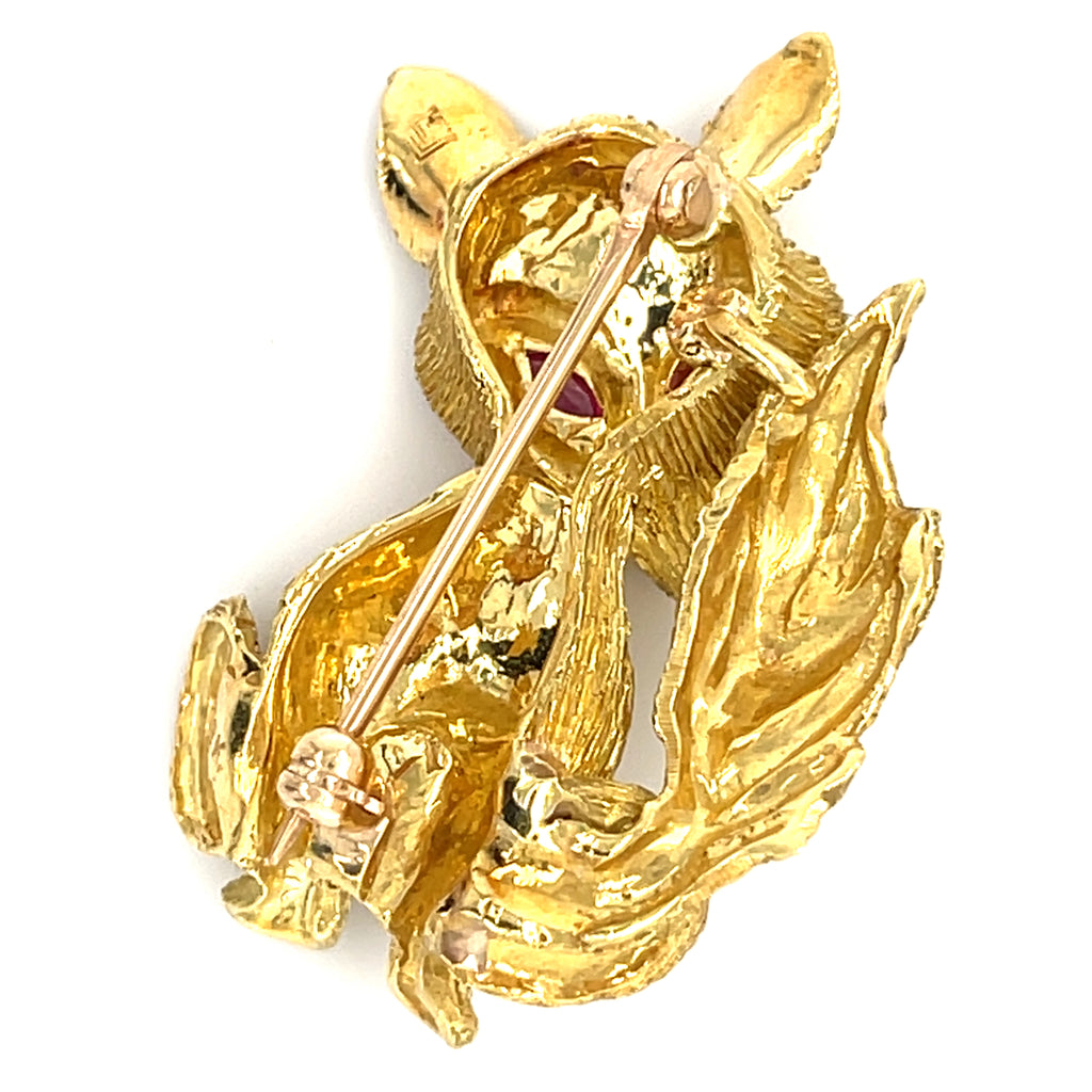 18k Yellow Gold George Lederman Fox Brooch with Ruby Eyes