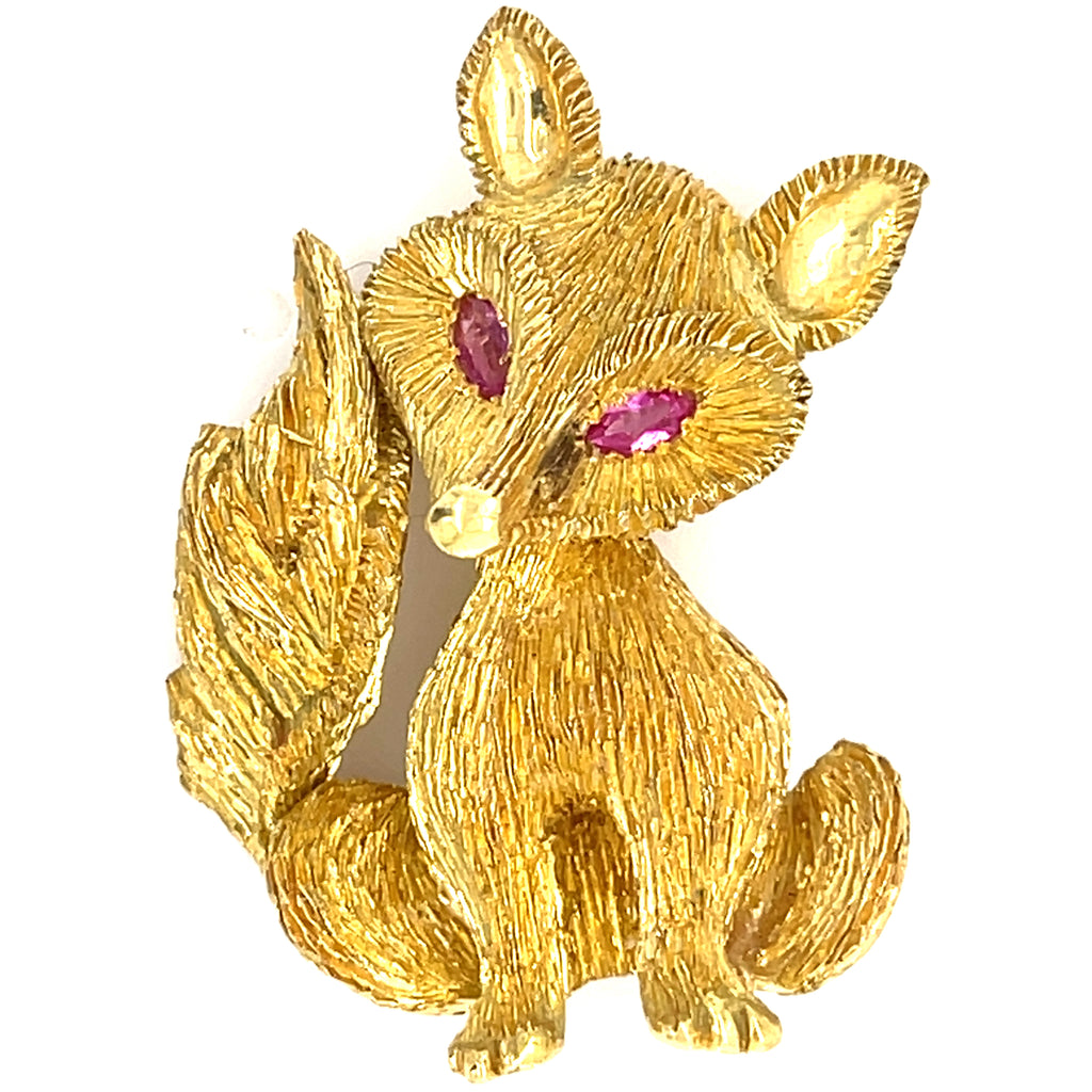 18k Yellow Gold George Lederman Fox Brooch with Ruby Eyes