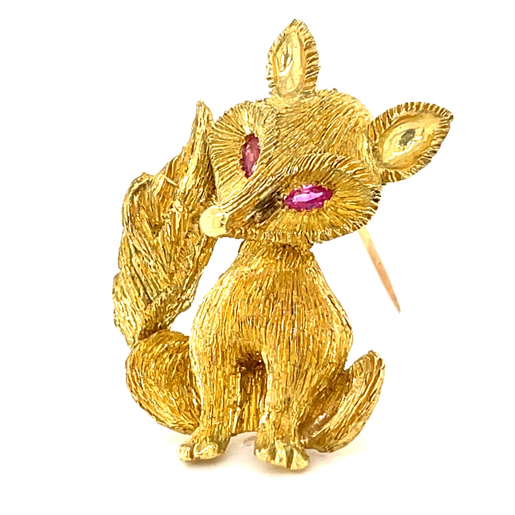 18k Yellow Gold George Lederman Fox Brooch with Ruby Eyes