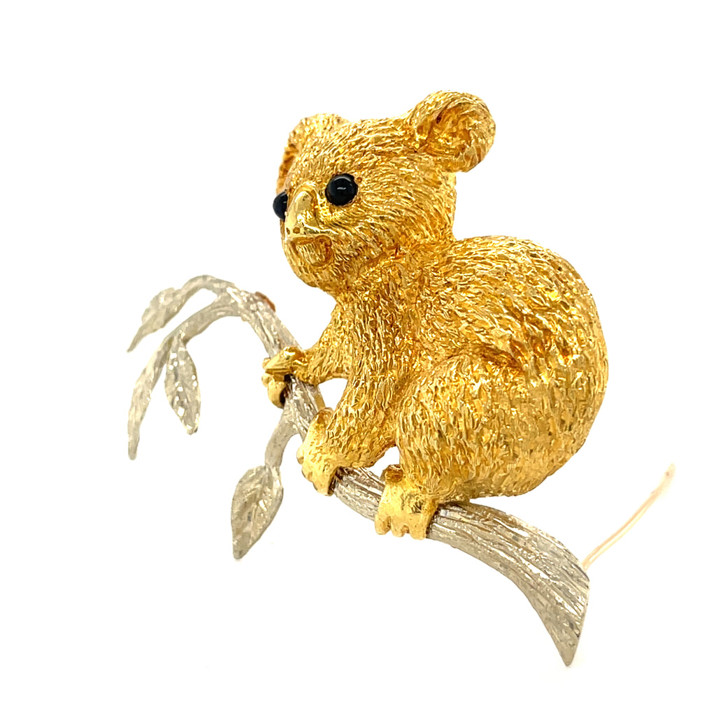 Cellino 18k Two Tone Gold Koala Brooch with Onyx Accents Vintage!