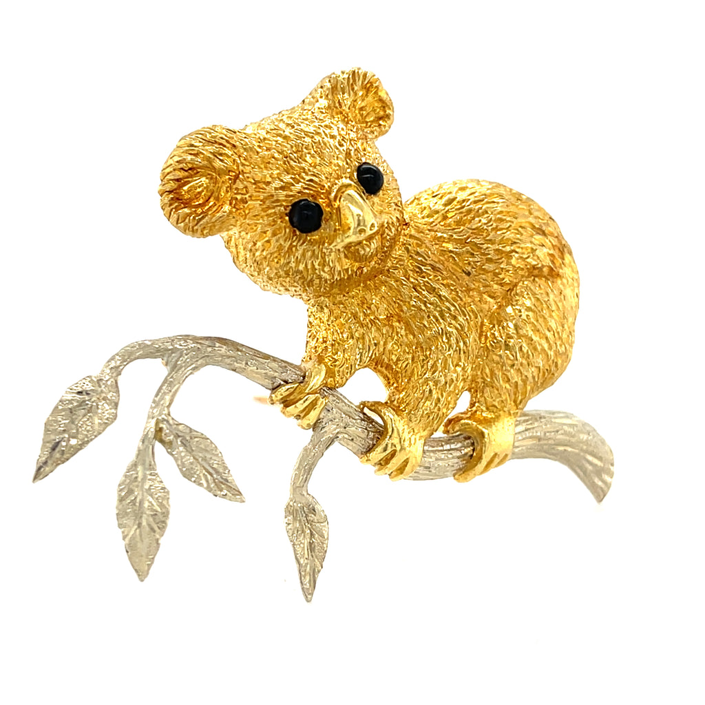 Cellino 18k Two Tone Gold Koala Brooch with Onyx Accents Vintage!