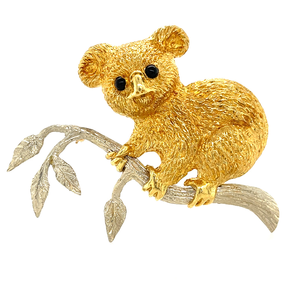 Cellino 18k Two Tone Gold Koala Brooch with Onyx Accents Vintage!