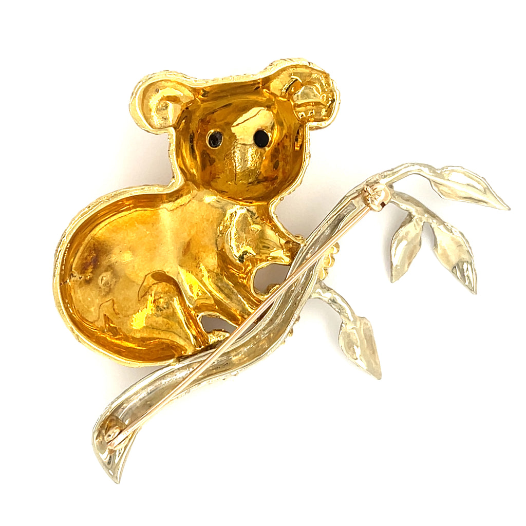 Cellino 18k Two Tone Gold Koala Brooch with Onyx Accents Vintage!