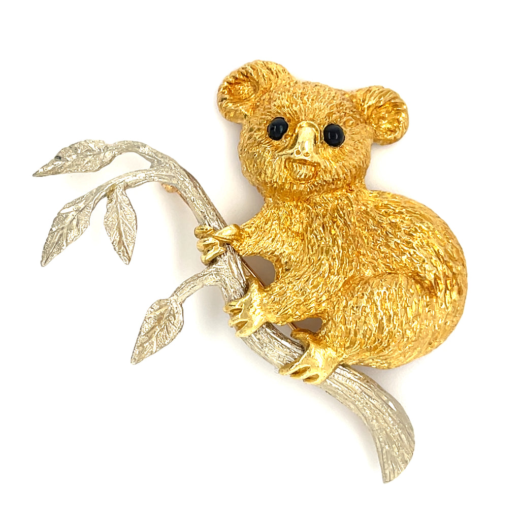 Cellino 18k Two Tone Gold Koala Brooch with Onyx Accents Vintage!
