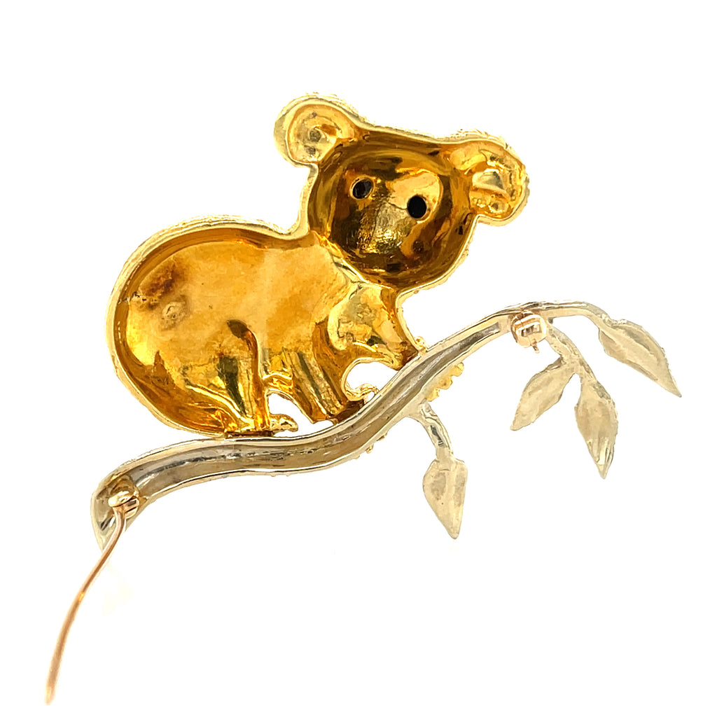 Cellino 18k Two Tone Gold Koala Brooch with Onyx Accents Vintage!