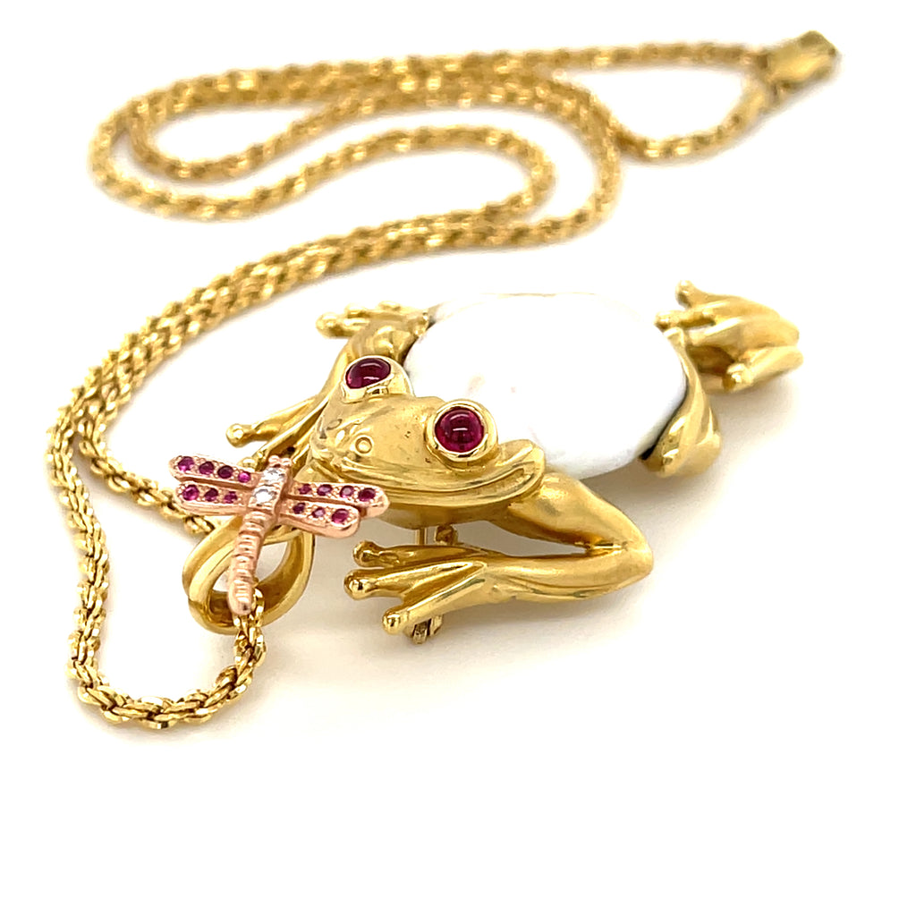 18k Yellow Gold Freshwater Cultured Pearl Frog Pendant by Avi Raz 14k 18" Chain