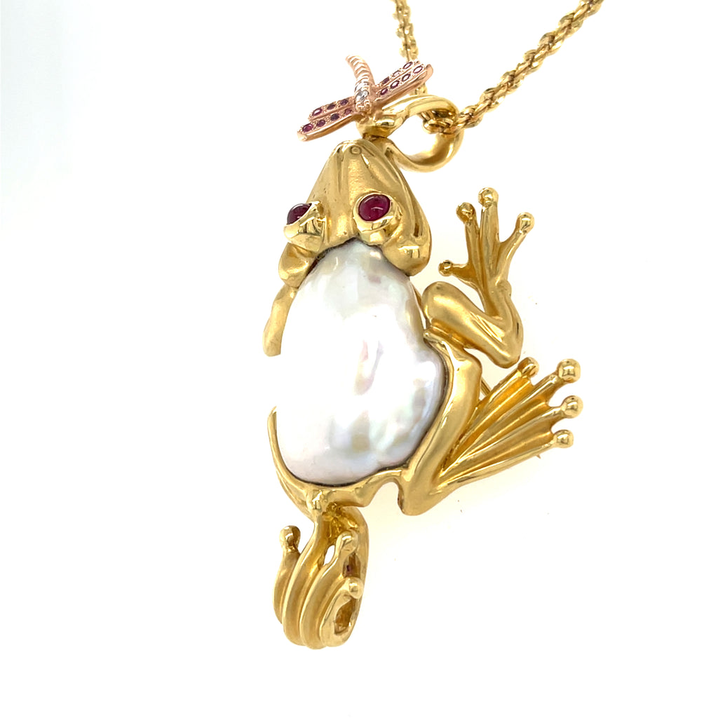 18k Yellow Gold Freshwater Cultured Pearl Frog Pendant by Avi Raz 14k 18" Chain