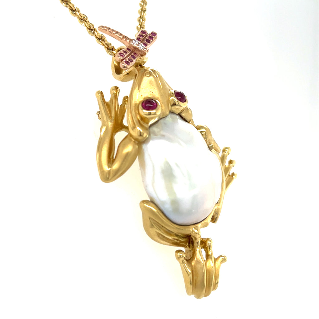 18k Yellow Gold Freshwater Cultured Pearl Frog Pendant by Avi Raz 14k 18" Chain