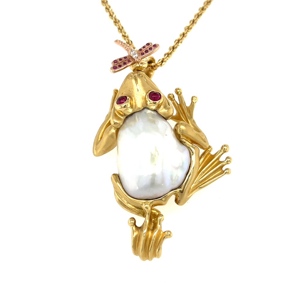 18k Yellow Gold Freshwater Cultured Pearl Frog Pendant by Avi Raz 14k 18" Chain