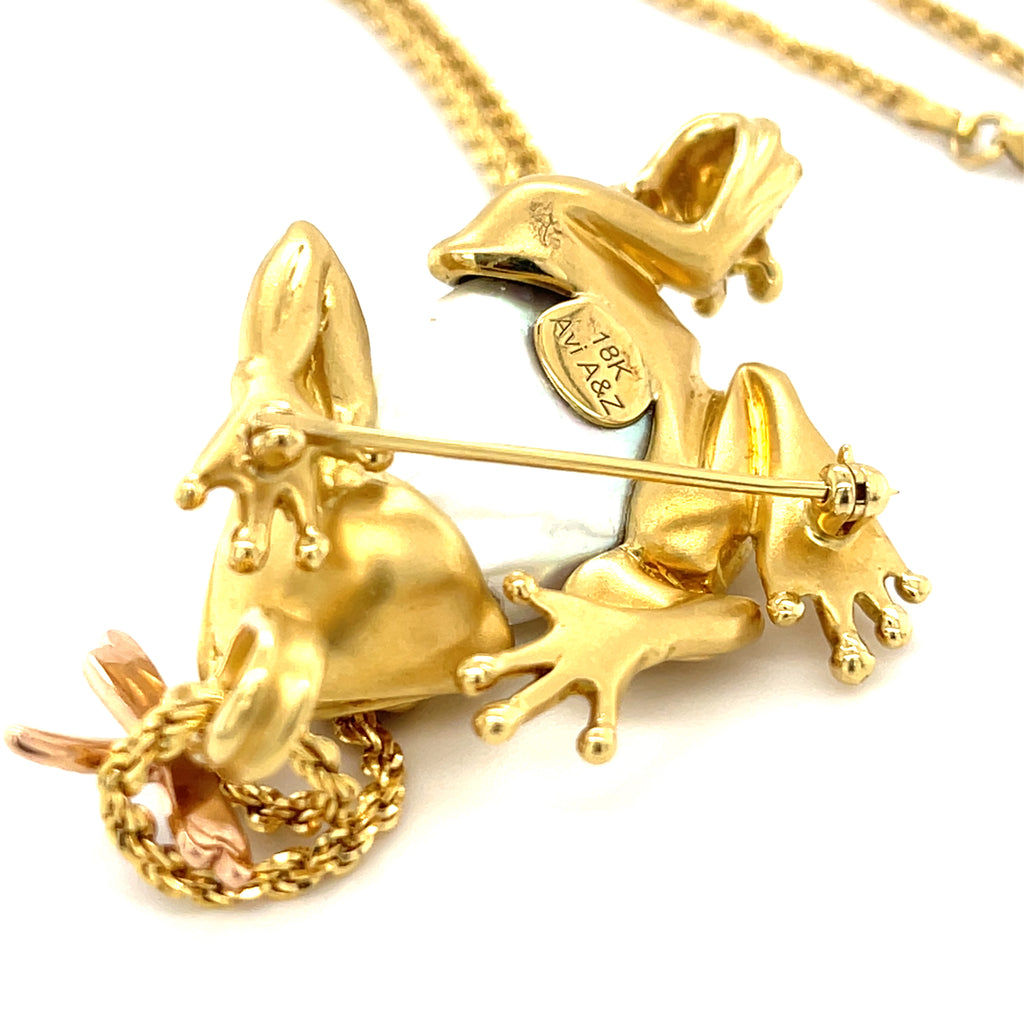 18k Yellow Gold Freshwater Cultured Pearl Frog Pendant by Avi Raz 14k 18" Chain