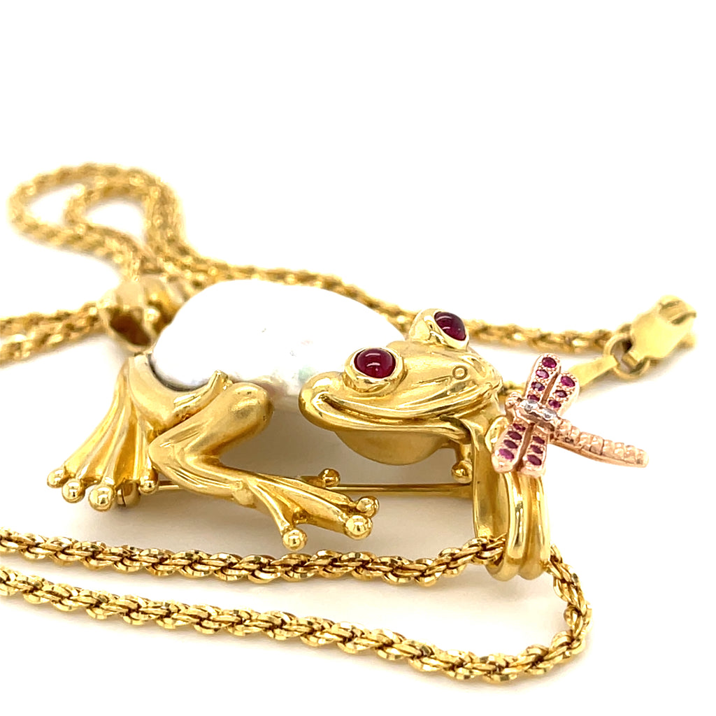 18k Yellow Gold Freshwater Cultured Pearl Frog Pendant by Avi Raz 14k 18" Chain