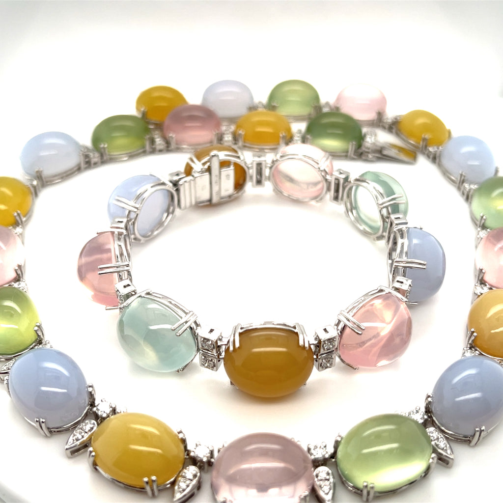 18k White Gold Semi-Precious Gemstone Cabochon Necklace and Bracelet