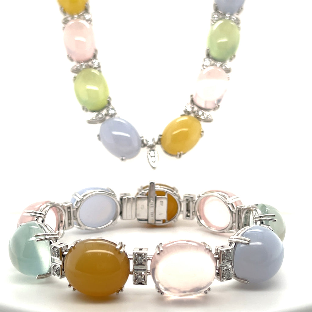 18k White Gold Semi-Precious Gemstone Cabochon Necklace and Bracelet