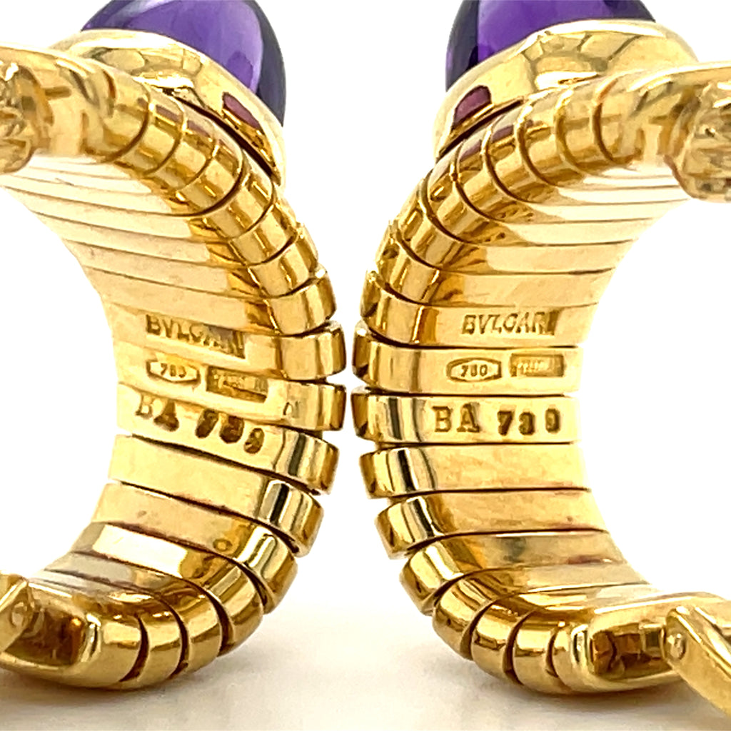 Bvlgari Amethyst and 18k Gold Tubogas Earrings Gross Weight: 27.9g Length: 1"