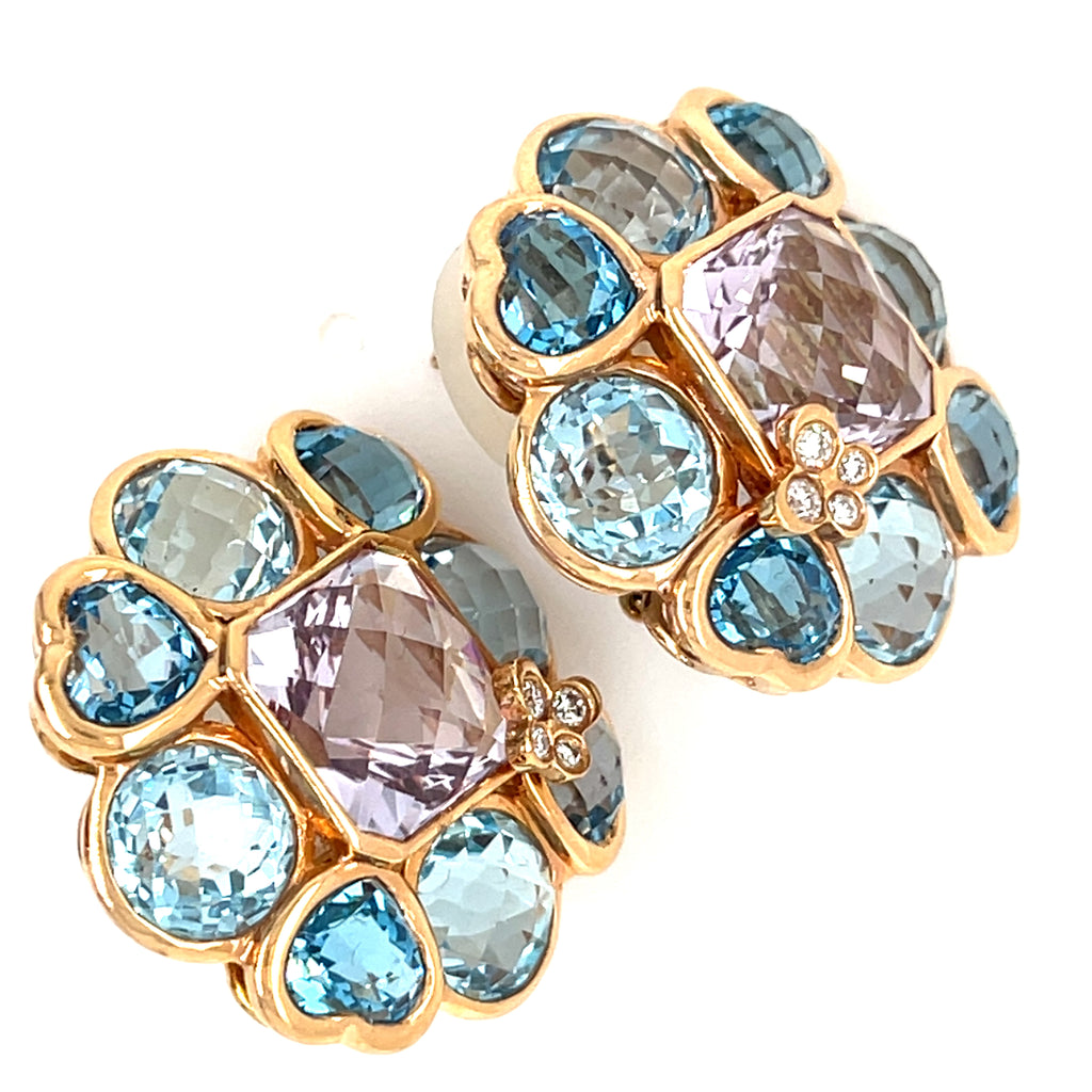 Kathy Ireland 18k Rose Gold 7.20 ct Amethyst w/ Blue Topaz & Diamond Earrings