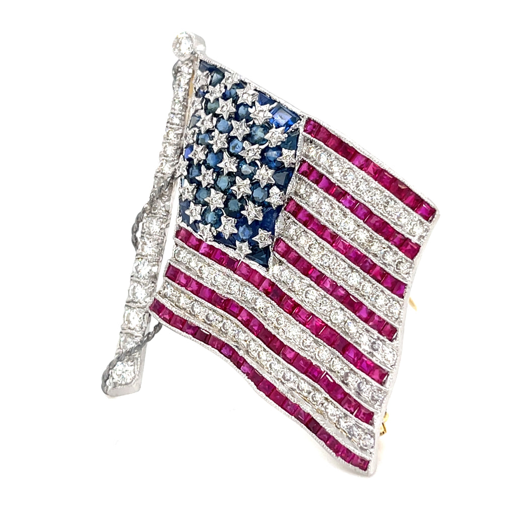 Diafini 18k White Gold, Diamond and Sapphire American Flag Brooch 1.40 carats