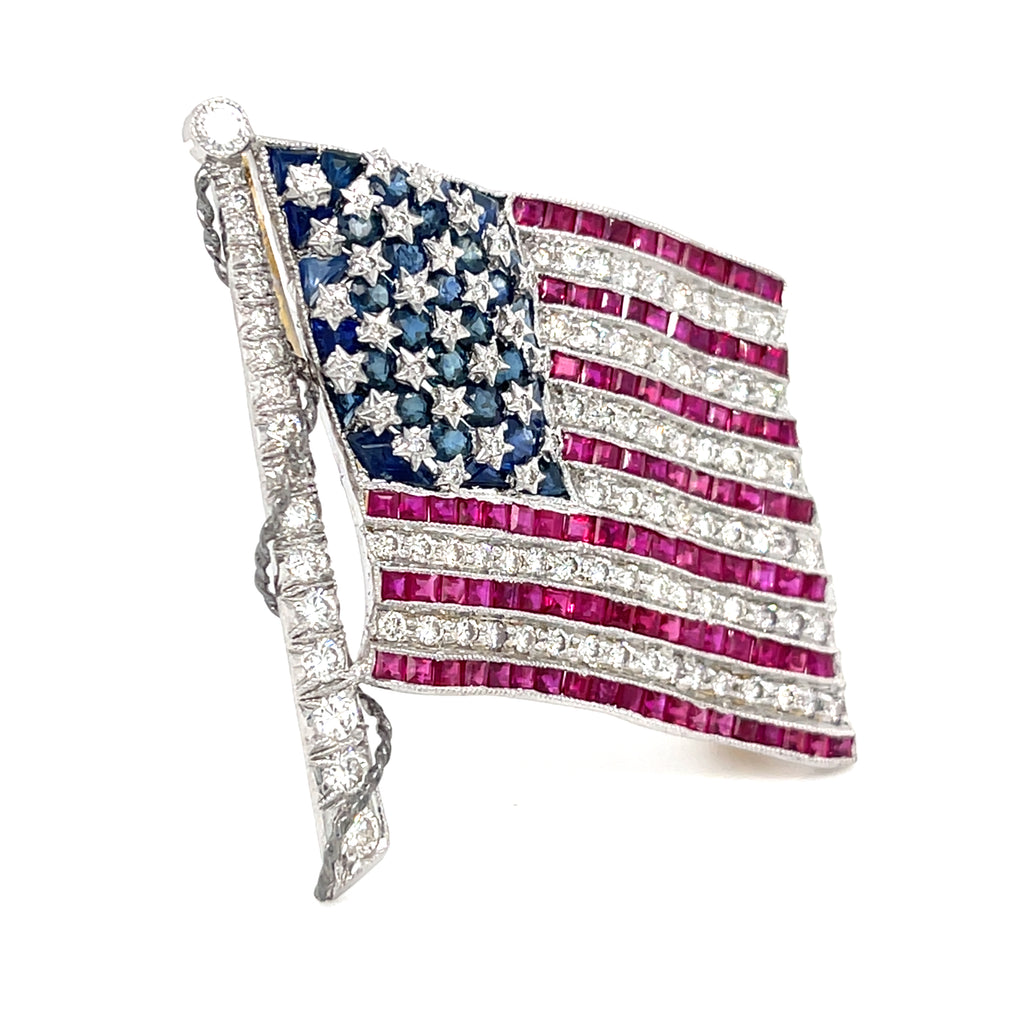 Diafini 18k White Gold, Diamond and Sapphire American Flag Brooch 1.40 carats