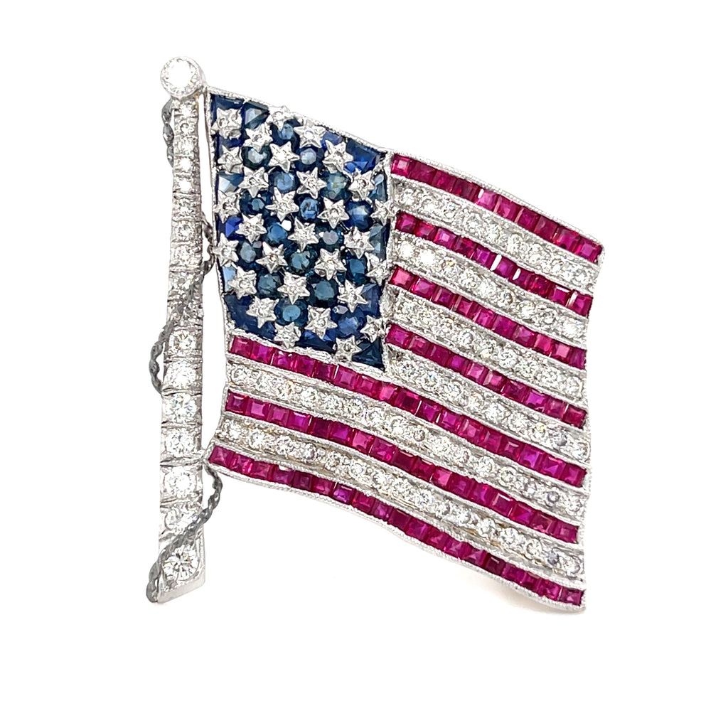 Diafini 18k White Gold, Diamond and Sapphire American Flag Brooch 1.40 carats