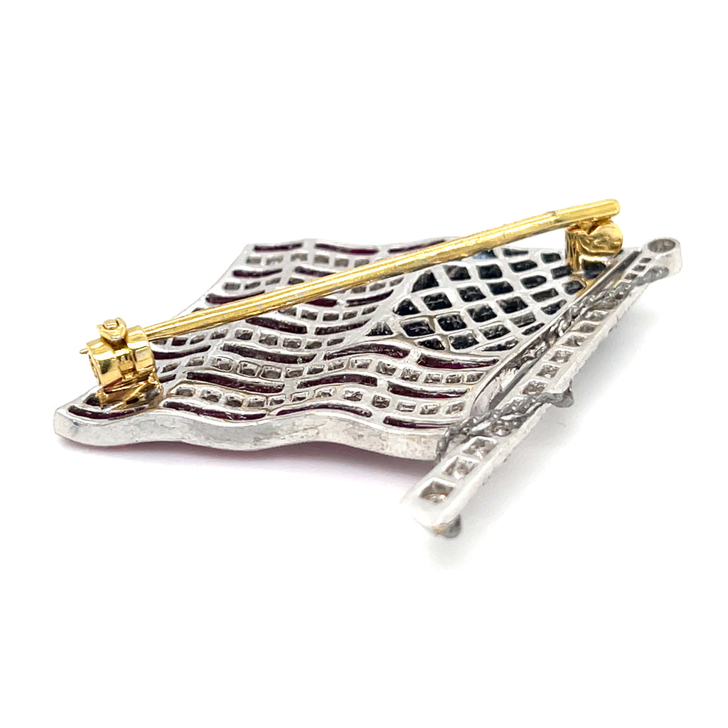Diafini 18k White Gold, Diamond and Sapphire American Flag Brooch 1.40 carats