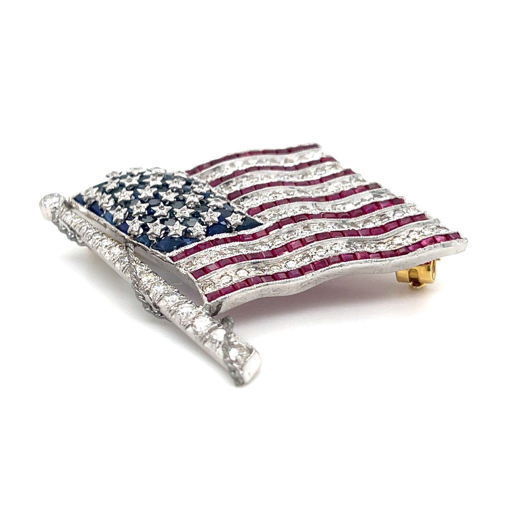 Diafini 18k White Gold, Diamond and Sapphire American Flag Brooch 1.40 carats
