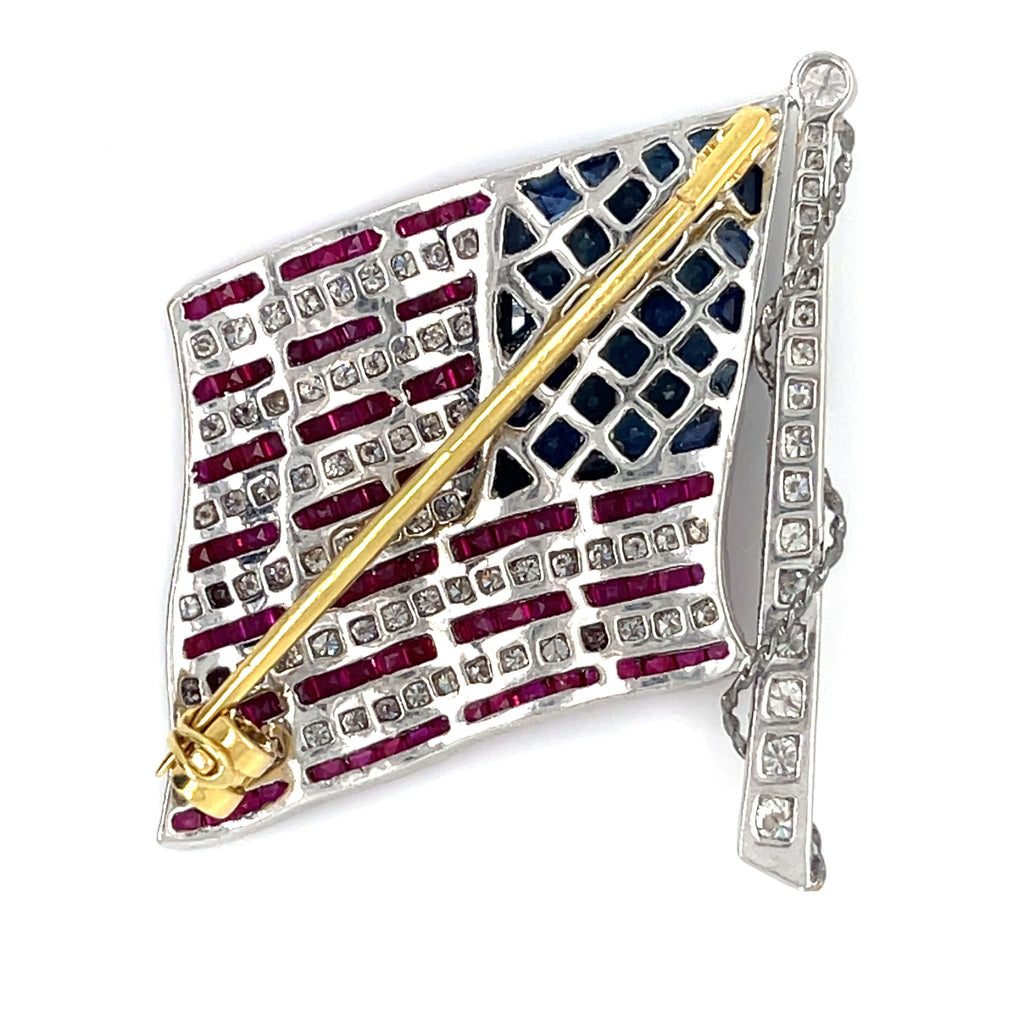 Diafini 18k White Gold, Diamond and Sapphire American Flag Brooch 1.40 carats