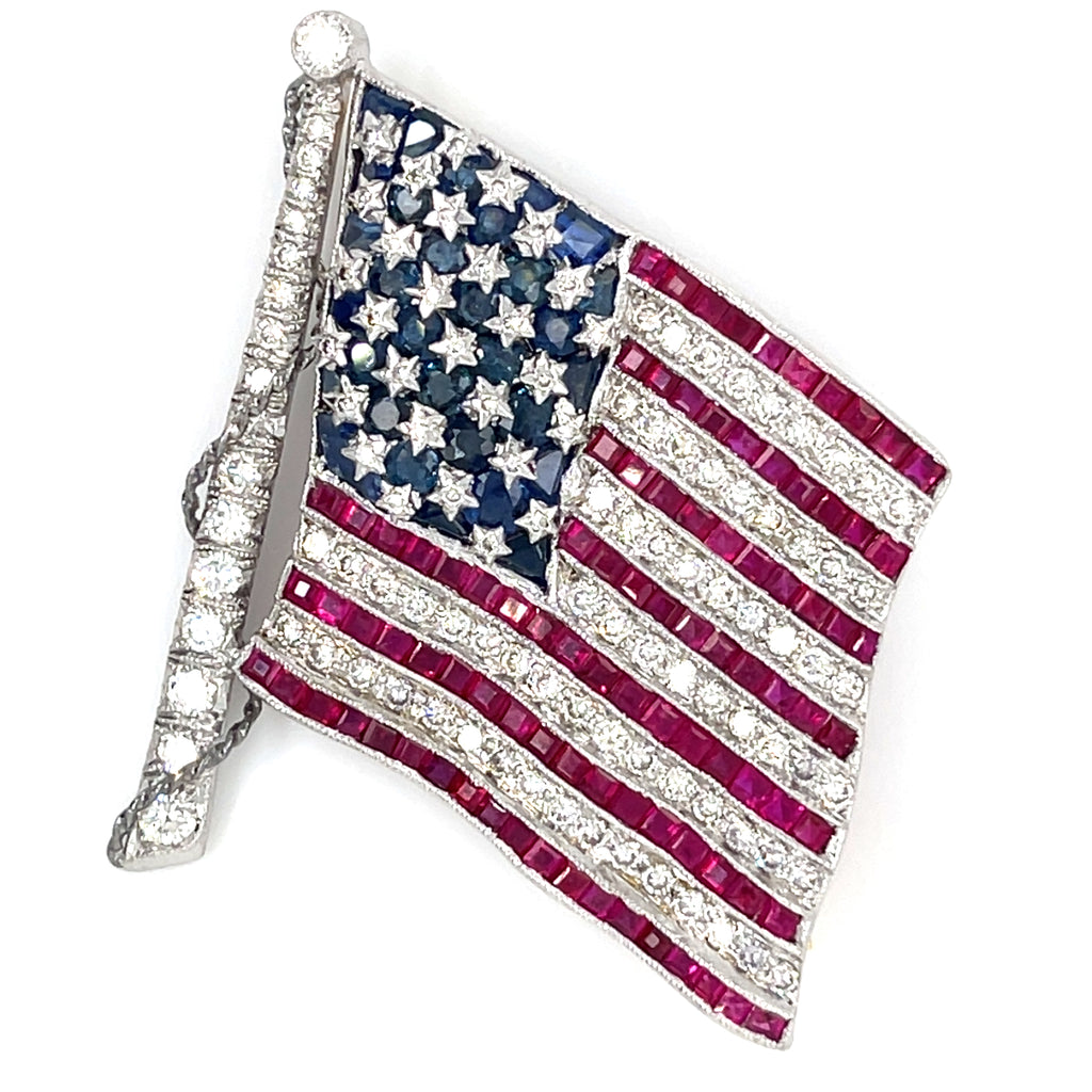 Diafini 18k White Gold, Diamond and Sapphire American Flag Brooch 1.40 carats