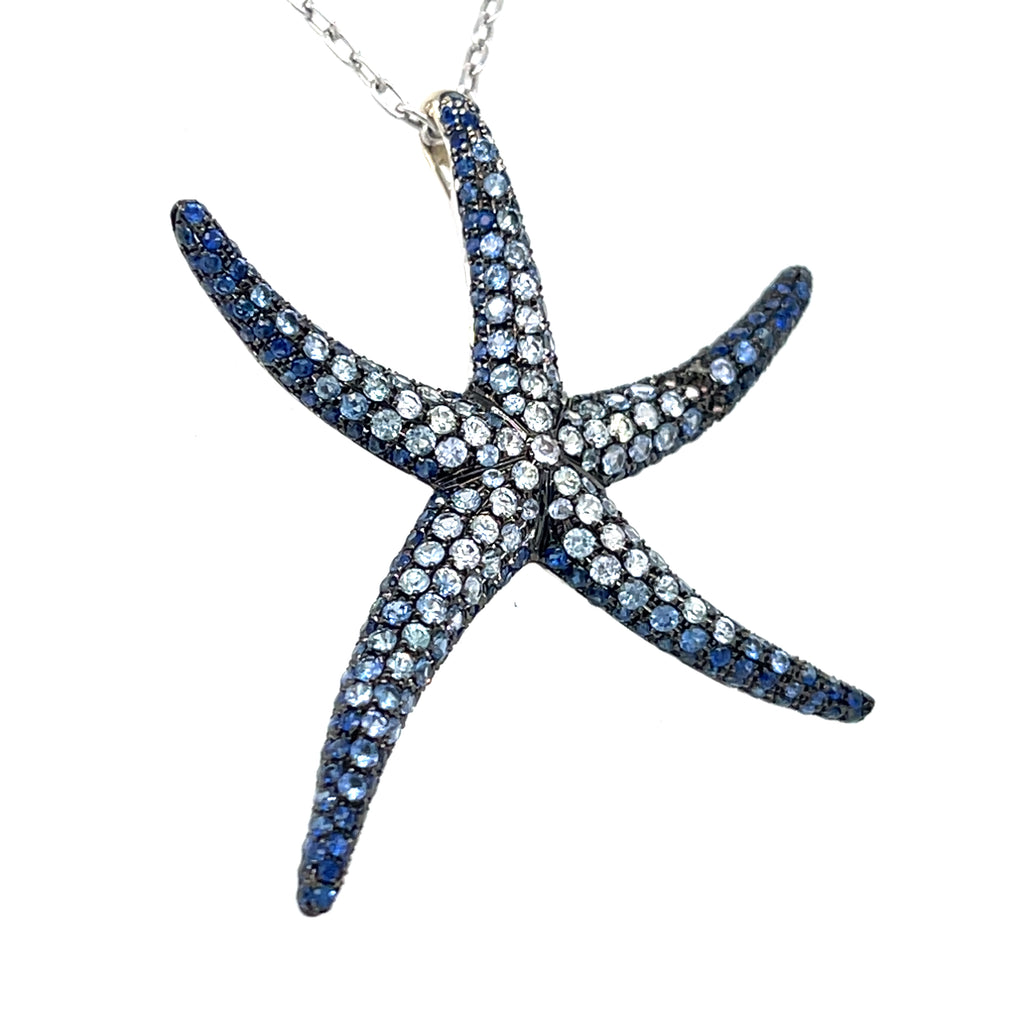 Sapphire and Rhodium Plated 18k White Gold Starfish Necklace Length: 19 3/4in.
