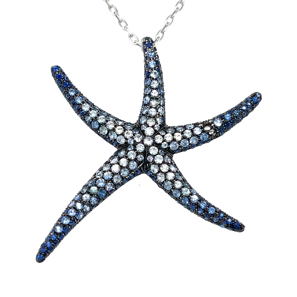 Sapphire and Rhodium Plated 18k White Gold Starfish Necklace Length: 19 3/4in.