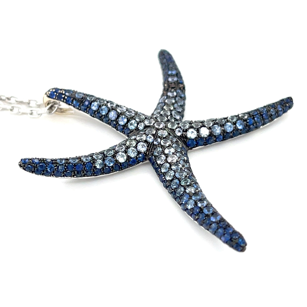 Sapphire and Rhodium Plated 18k White Gold Starfish Necklace Length: 19 3/4in.