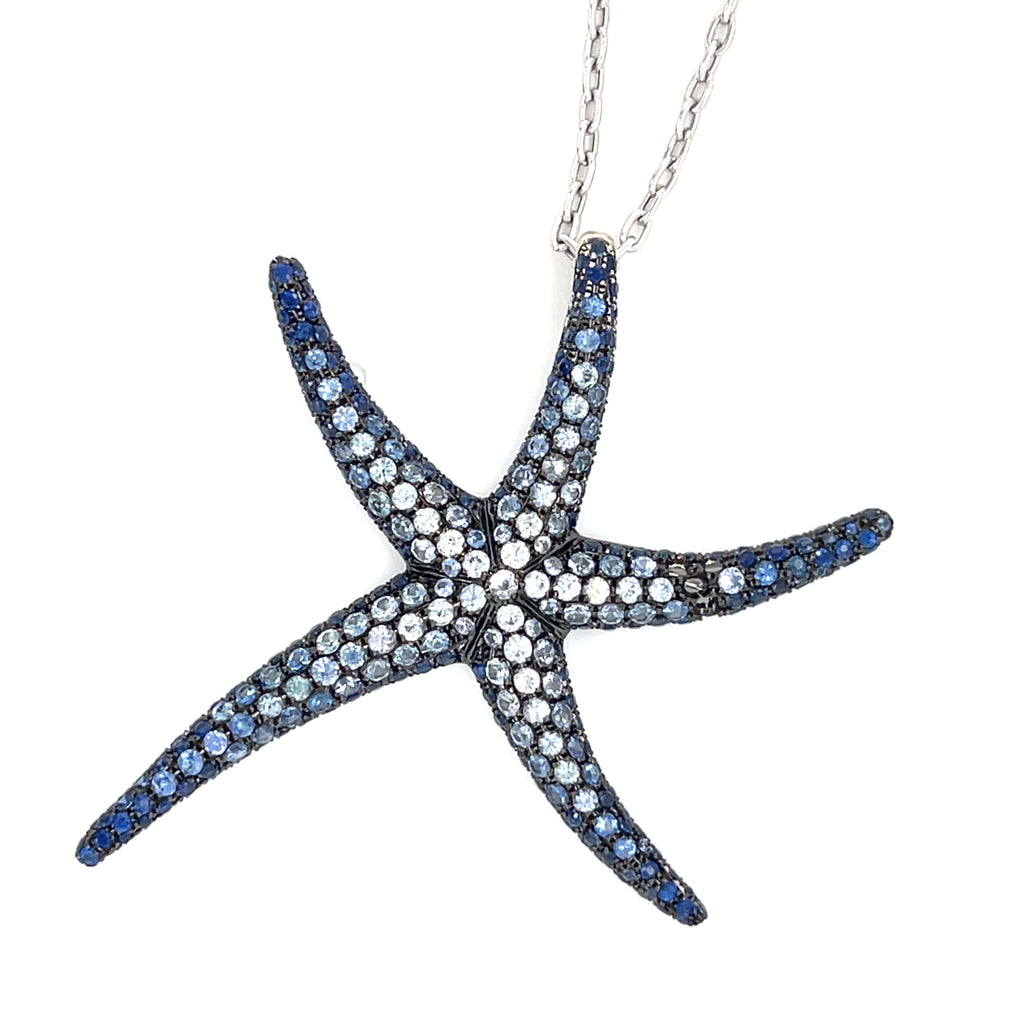 Sapphire and Rhodium Plated 18k White Gold Starfish Necklace Length: 19 3/4in.